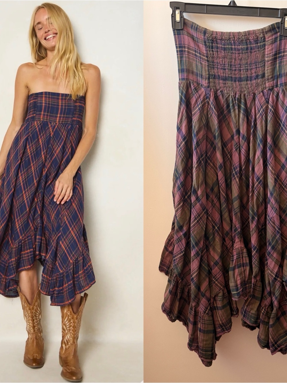 NATURAL LIFE Strapless Plaid Midi Skirt or Strapless Dress Plaid Cotton XS/S